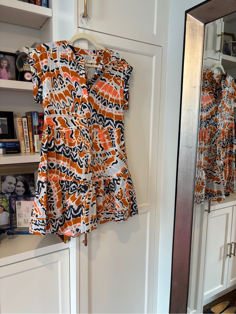 Marie Oliver Orange Navy White Printed V-Neck Short Sleeve Tunic